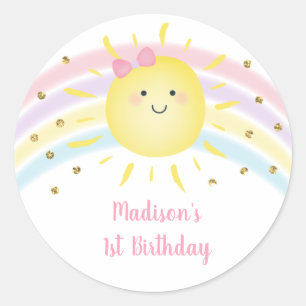 Sunshine Rainbow Pink Gold Pastel Birthday Classic Round Sticker