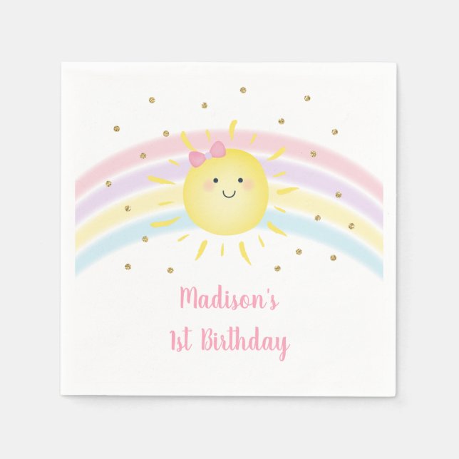 Sunshine Rainbow Pink Gold Pastel Birthday Napkin (Front)