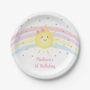 Sunshine Rainbow Pink Gold Pastel Birthday Paper Plate