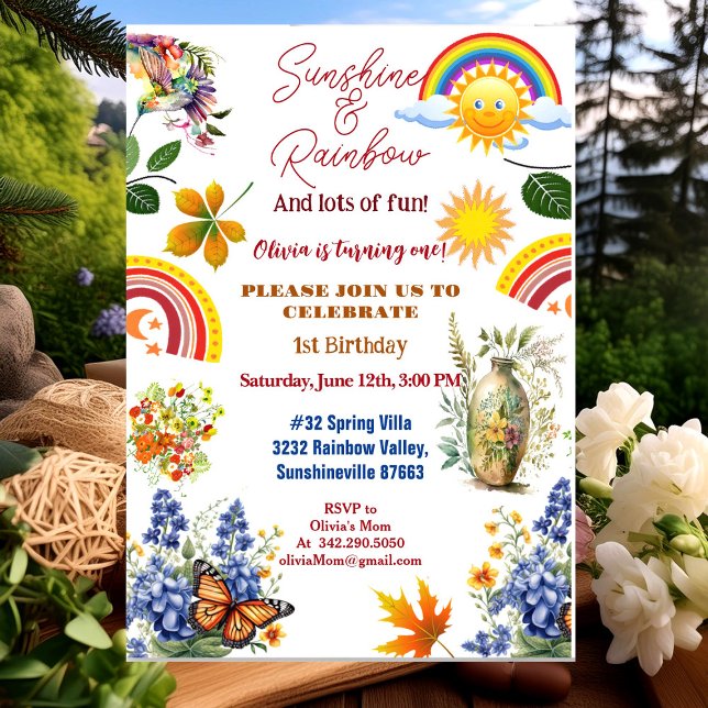 Sunshine Rainbow Spring Garden Butterfly Birthday  Invitation (Sunshine Rainbow Spring Garden Butterfly Birthday Invitation)