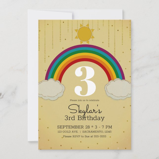 Sunshine Rainbow Yellow Gold Birthday Party Invitation (Front)