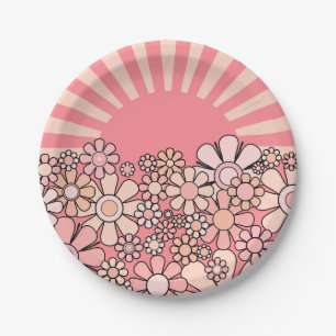 Sunshine Retro Garden Groovy Pink Flowers & Sun Paper Plate