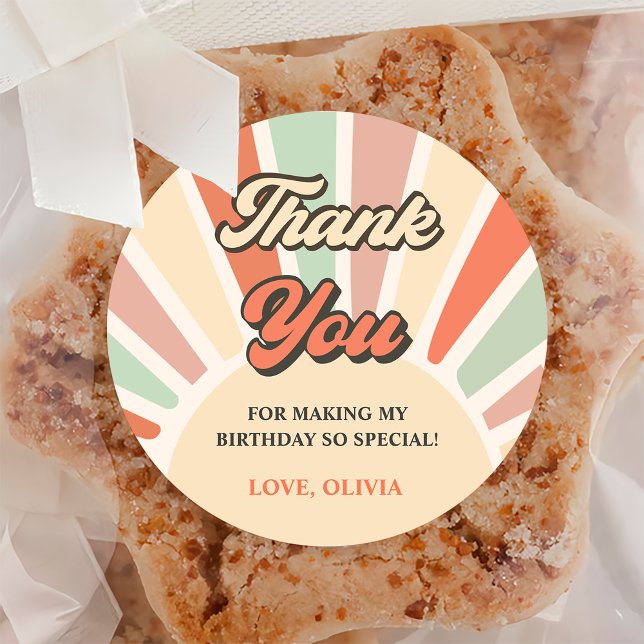 Sunshine Retro Rainbow Thank You Birthday Party  Classic Round Sticker (Creator Uploaded)