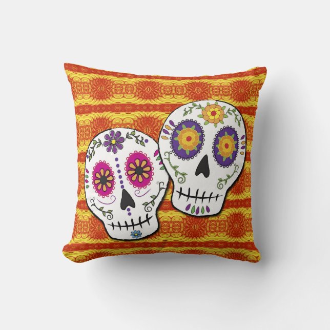 Sunshine Sugar Skulls Throw Pillows (Front)
