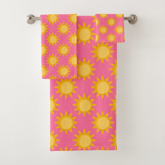 Sunshine Sun Pattern Design On Pink Bath Towel Set (Insitu)