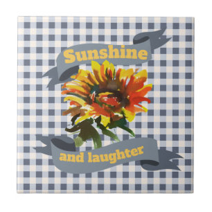 Sunshine Sunflower Blue-grey Gingham Ceramic Tile