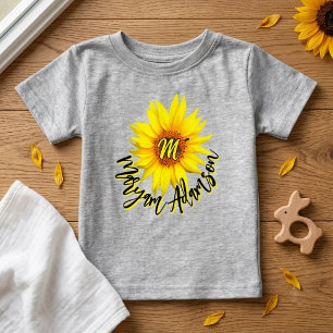 Sunshine Sunflower + Monogram Name   Announcement  Baby T-Shirt