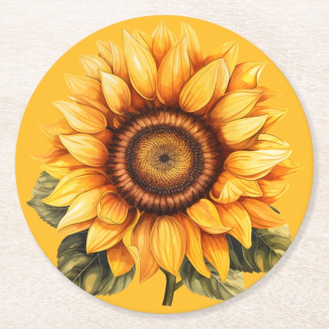Sunshine Sunflowers Round Paper Coaster (Front)