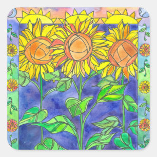 Sunshine Sunflowers Watercolor Flower Painting Square Sticker