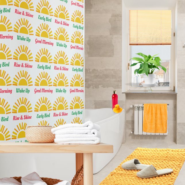 Sunshine Wake Up Rise and Shine Motivational Words Shower Curtain (A modern shower curtain with bright yellow sunshine pattern and morning themed words)