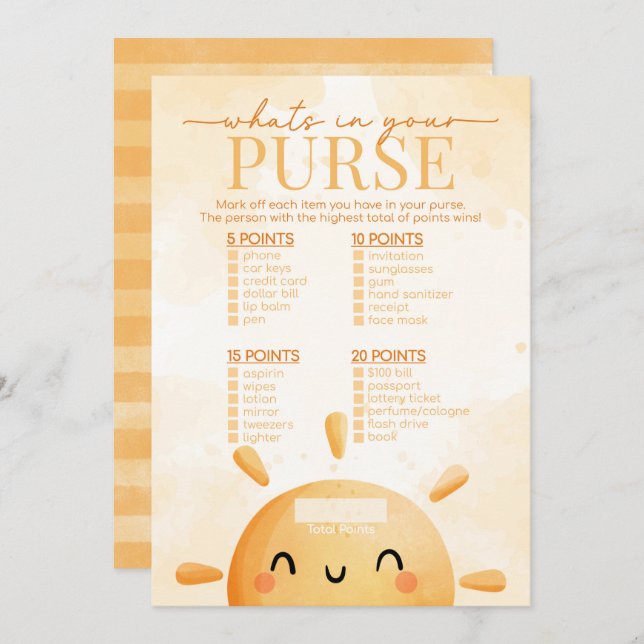 Sunshine What's in Your Purse Baby Shower Game Invitation (Front/Back)