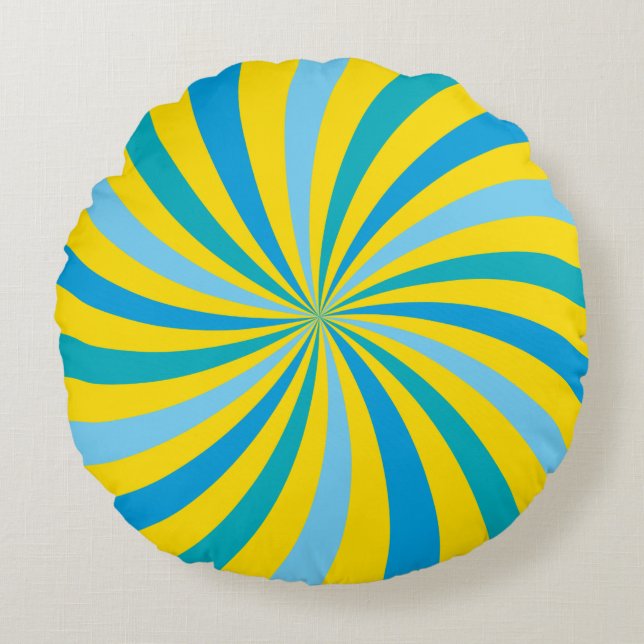 Sunshine Yellow and Blue Lollipop Swirl Round Cushion (Front)