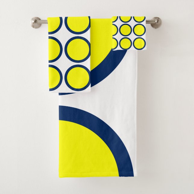 Sunshine Yellow and Navy Blue Polka Dots on White Bath Towel Set (Insitu)