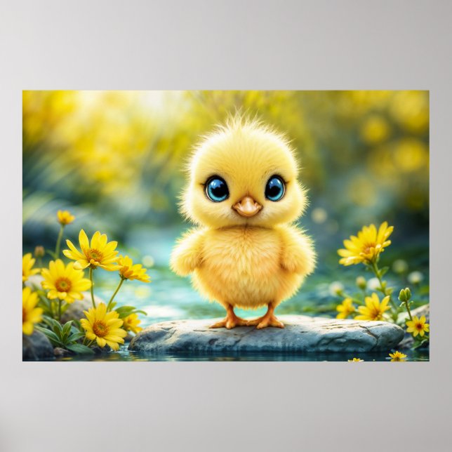 Sunshine yellow fluffy chicken blue - eyed bird poster (Front)