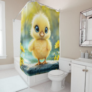 Sunshine yellow fluffy chicken blue - eyed bird shower curtain