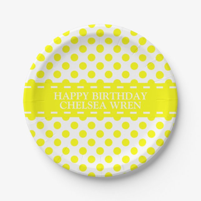 Sunshine Yellow Polka Dots on White Personalised Paper Plate (Front)