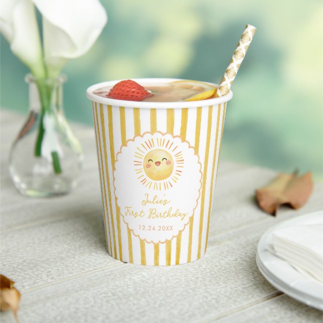 Sunshine Yellow Stripes Birthday Paper Cups (Insitu)