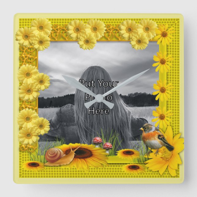 Sunshine Yellow Sunflower Photo Frame Square Wall Clock (Front)