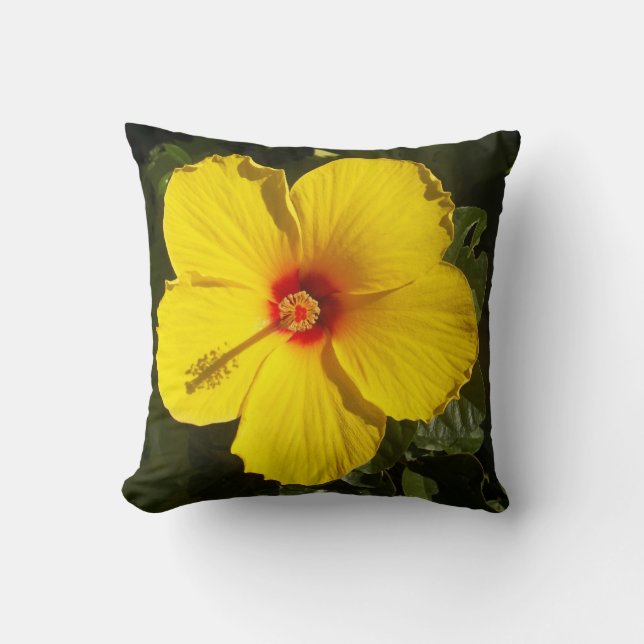 Sunshine Yellow Tropical Hibiscus Flower Cushion (Front)