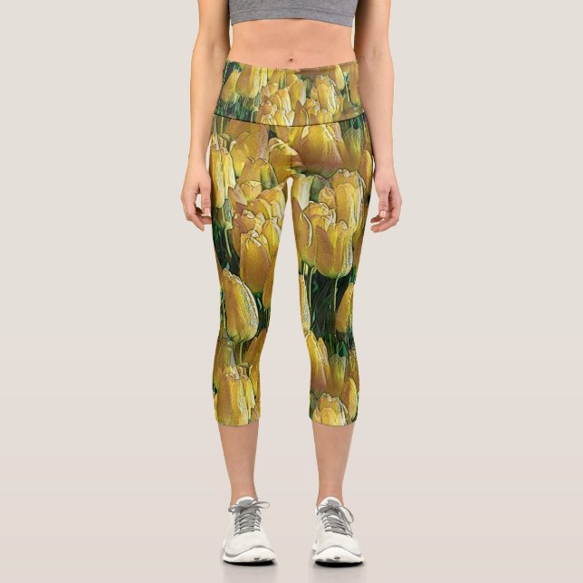Sunshine Yellow Tulips Capri Leggings (Front)