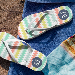 Sunwashed Neon Summer Cabana Stripe Monogram Thongs