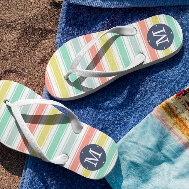Sunwashed Neon Summer Cabana Stripe Monogram Thongs (Creator Uploaded)