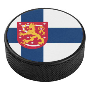 Suomi Flag with superimposed coat of arms Hockey Puck