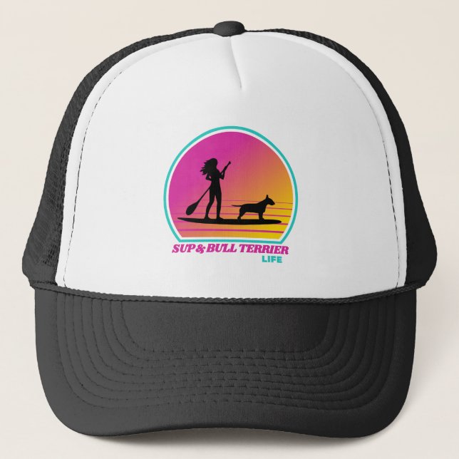 SUP and Bull Terrier Retro Summer 80s Trucker Hat (Front)