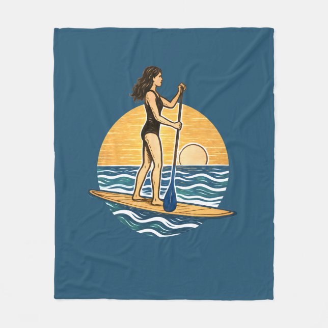 SUP Sunset Paddleboard | Blue Coastal Life Graphic Fleece Blanket (Front)