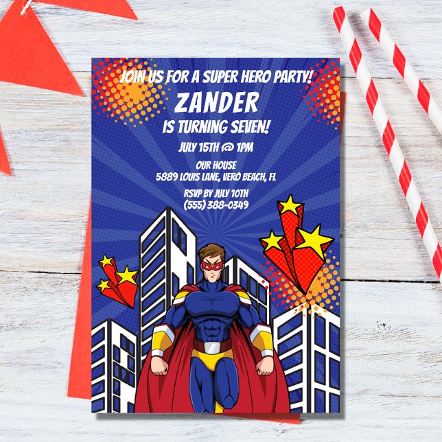 Supehero Skyline Boy Birthday Party Invitation (Supehero Skyline Boy Birthday Party Invitation)