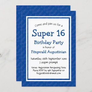 SUPER 16 Sixteenth Birthday Personalised BLUE Invitation