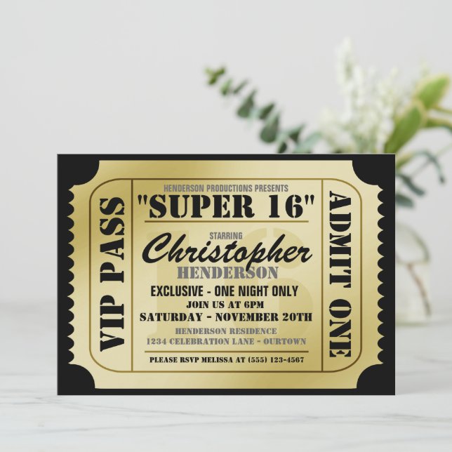 Super 16 VIP Ticket Style Party Invitations (Standing Front)