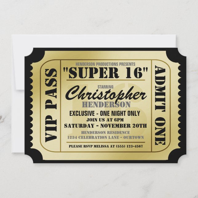 Super 16 VIP Ticket Style Party Invitations (Front)
