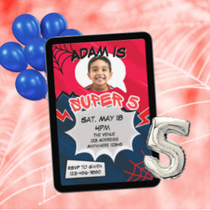 Super 5 Red Black Web Comic 5th Birthday  Invitation