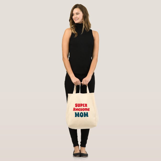 Super Awesome Mum Quote Red and Blue Typography Tote Bag (Front (Model))