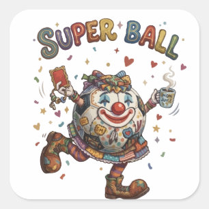 Super Ball Clown Funny Soccer Ball Character Square Sticker