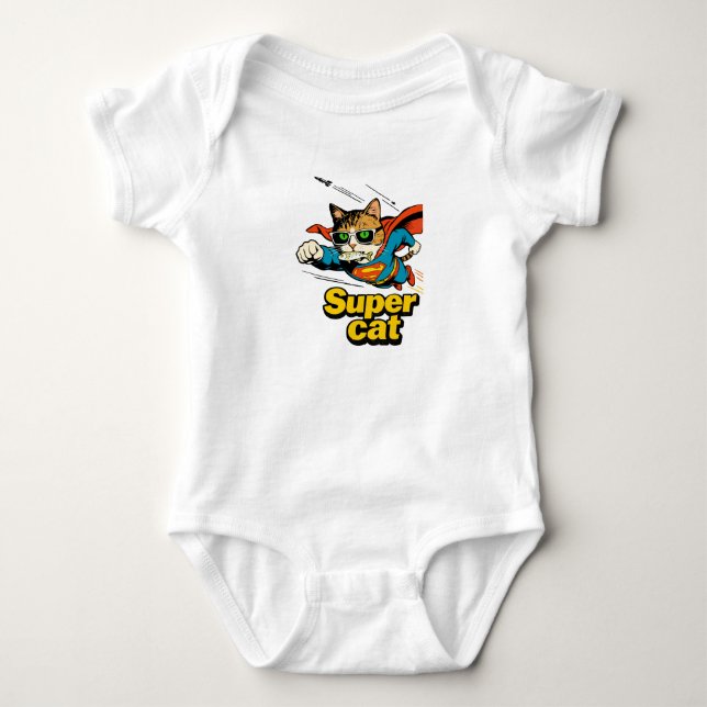 Super Cat Flying with Fish  Baby Bodysuit (Front)