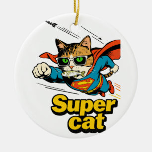 Super Cat Flying with Fish  Ceramic Ornament
