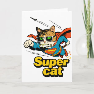 Super Cat Flying with Fish Holiday Card