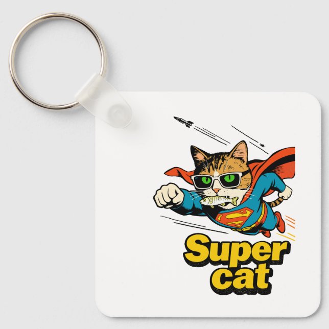 Super Cat Flying with Fish  Key Ring (Front)