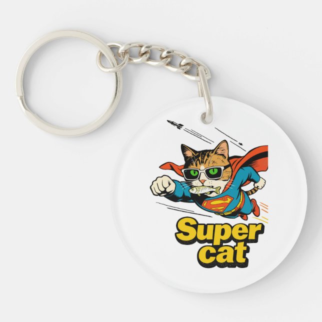 Super Cat Flying with Fish  Key Ring (Front)