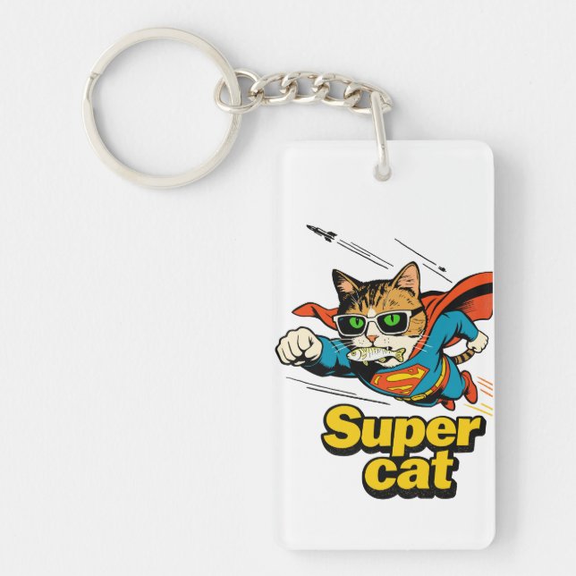 Super Cat Flying with Fish  Key Ring (Front)