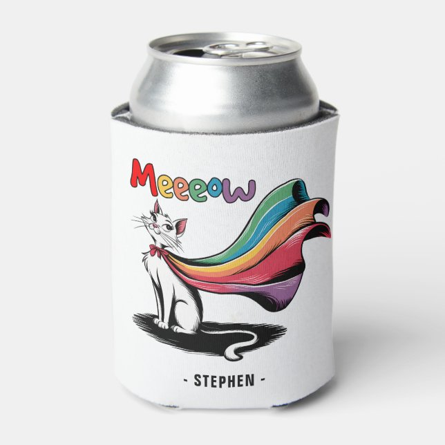 Super Cat Meeeow – Rainbow Cape Pride Cat Can Cooler (Can Front)