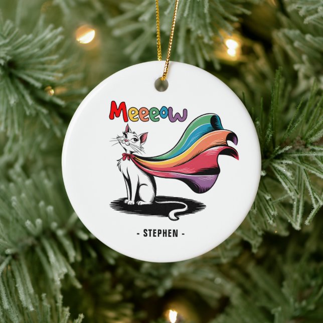 Super Cat Meeeow – Rainbow Cape Pride Cat Ceramic Ornament (Tree)