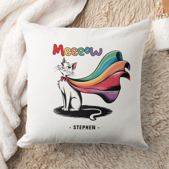 Super Cat Meeeow – Rainbow Cape Pride Cat Cushion (Blanket)