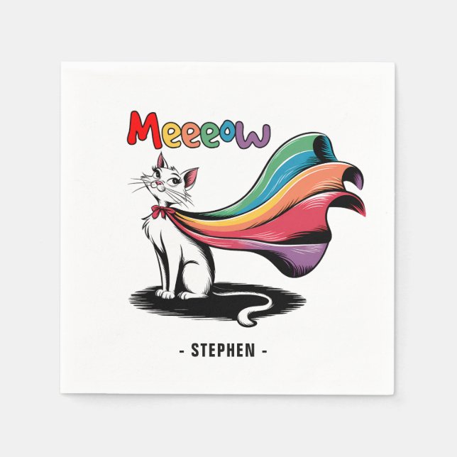 Super Cat Meeeow – Rainbow Cape Pride Cat Napkin (Front)
