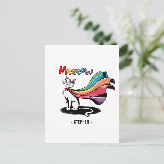 Super Cat Meeeow – Rainbow Cape Pride Cat Postcard (Standing Front)