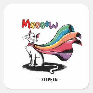 Super Cat Meeeow – Rainbow Cape Pride Cat Square Sticker