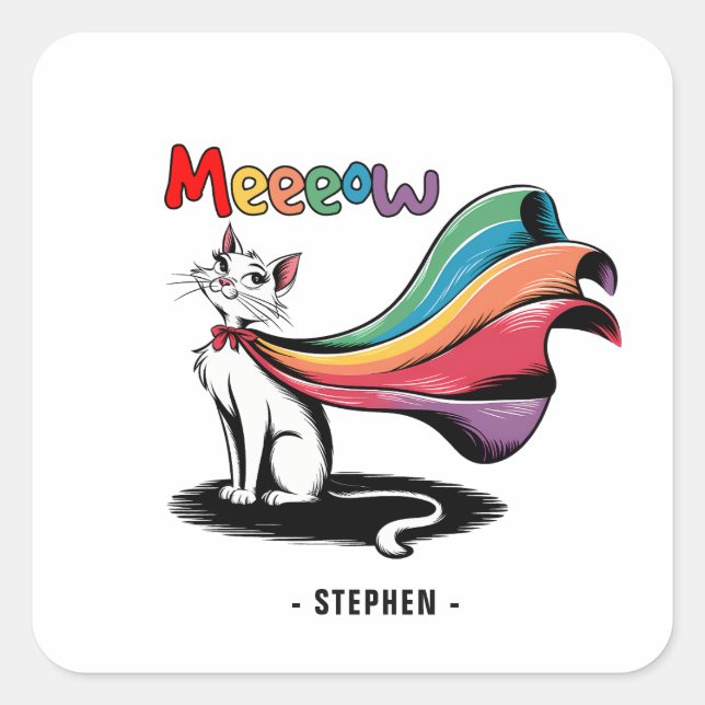 Super Cat Meeeow – Rainbow Cape Pride Cat Square Sticker (Front)