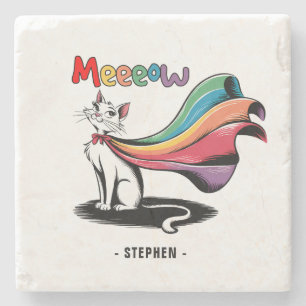 Super Cat Meeeow – Rainbow Cape Pride Cat Stone Coaster
